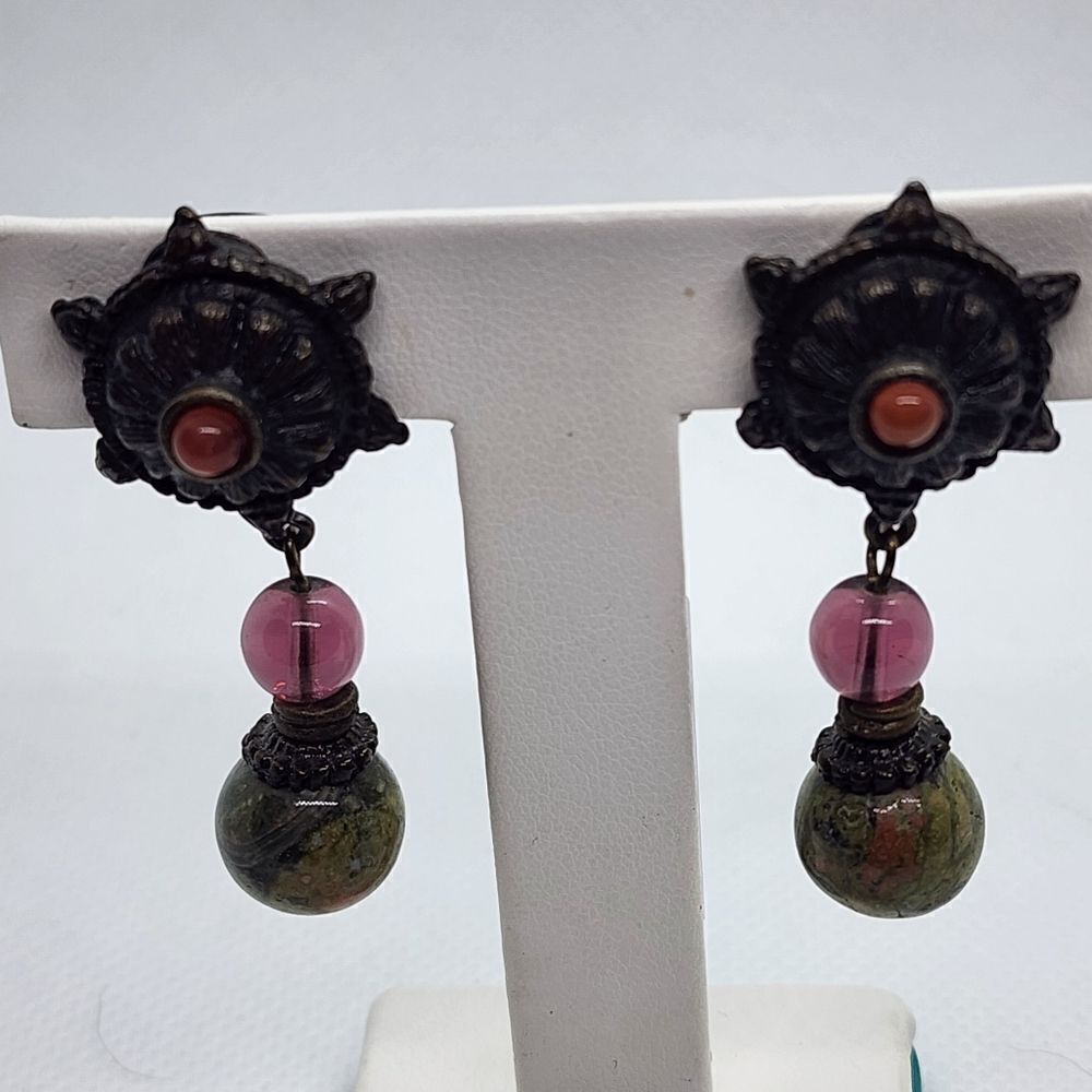 Graziano Dangling Glass & Unakite Clip-On Earrings